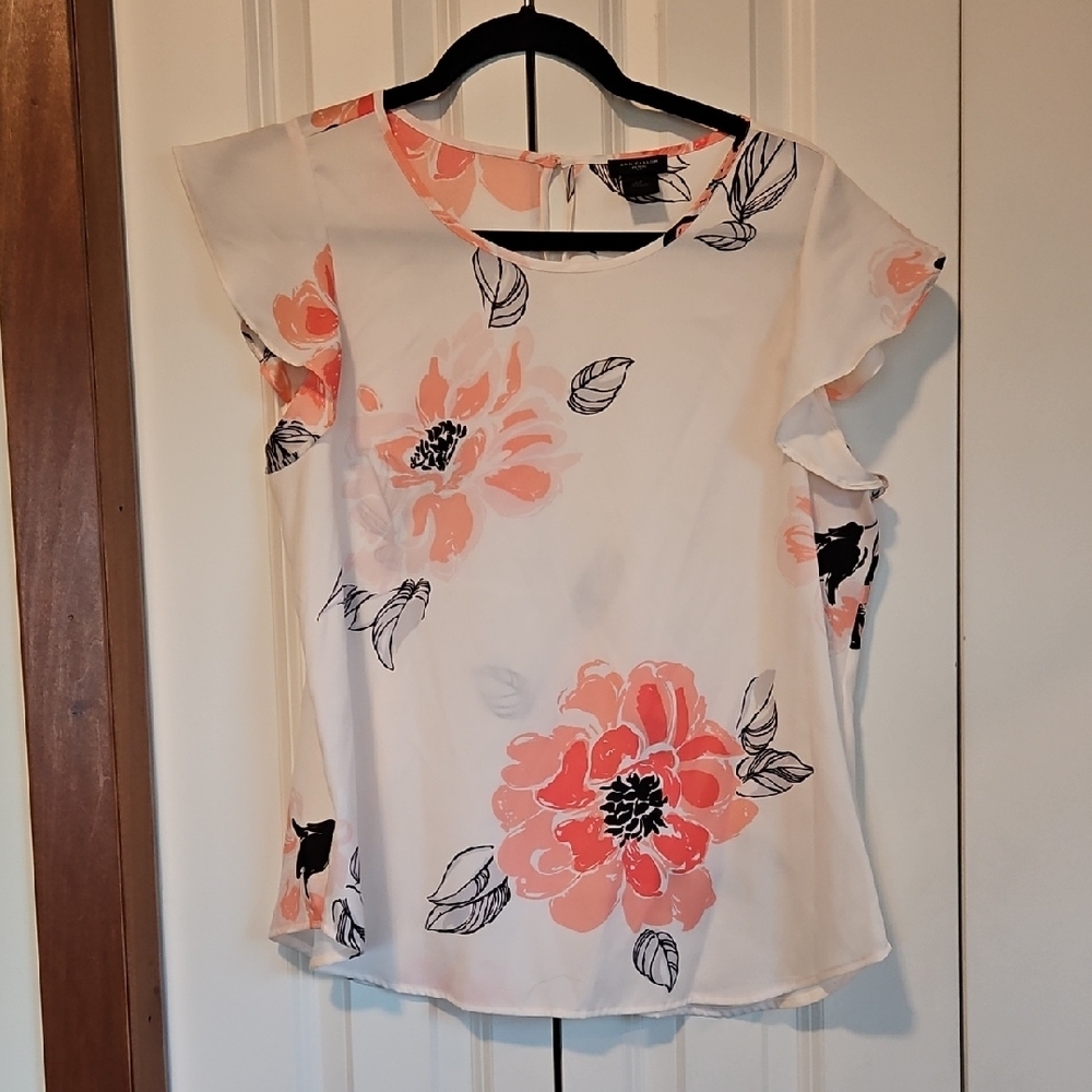 Ann Taylor White and Pink Floral Blouse Size LP